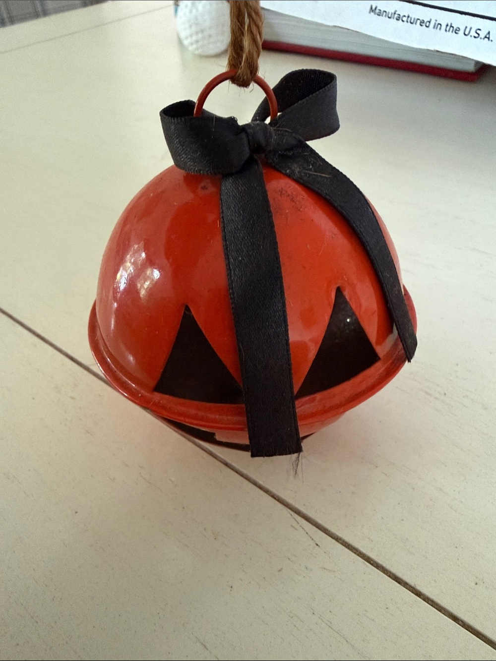 Orange Jack-O'-Lantern Bell Ornament with Black Ribbon